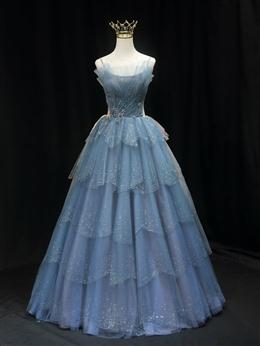 Picture of Gorgeous Blue Tulle Layers Beaded Long Wedding Party Dress, Blue Formal Gown